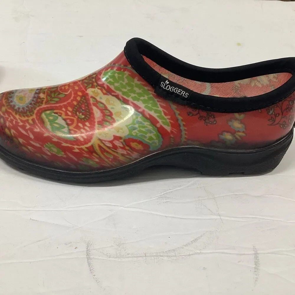 sloggers sz 7 red paisley floral garden waterproof slip resistant ( modified)